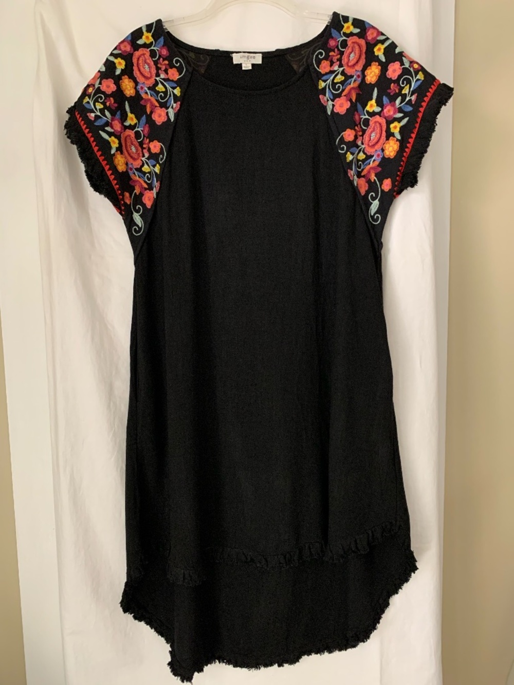 Umgee black embroidered sleeve dress with high low hemline